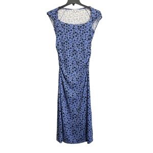 Wallflower Blue Floral Ruched Midi Dress Women's L Cap Sleeve Scoop Neck NWT